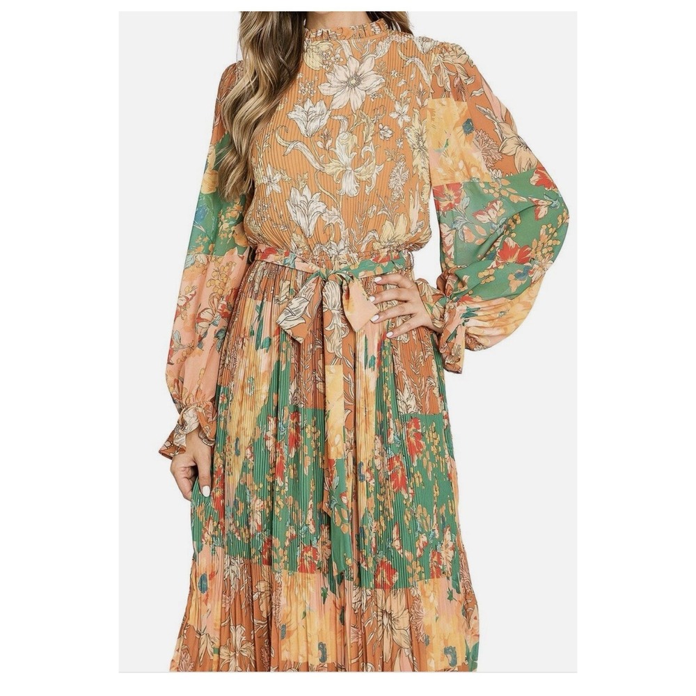Flying Tomato Women's Modest Chiffon Pleated Boho Long Sleeve Midi Dress Sz S - Picture 2 of 14